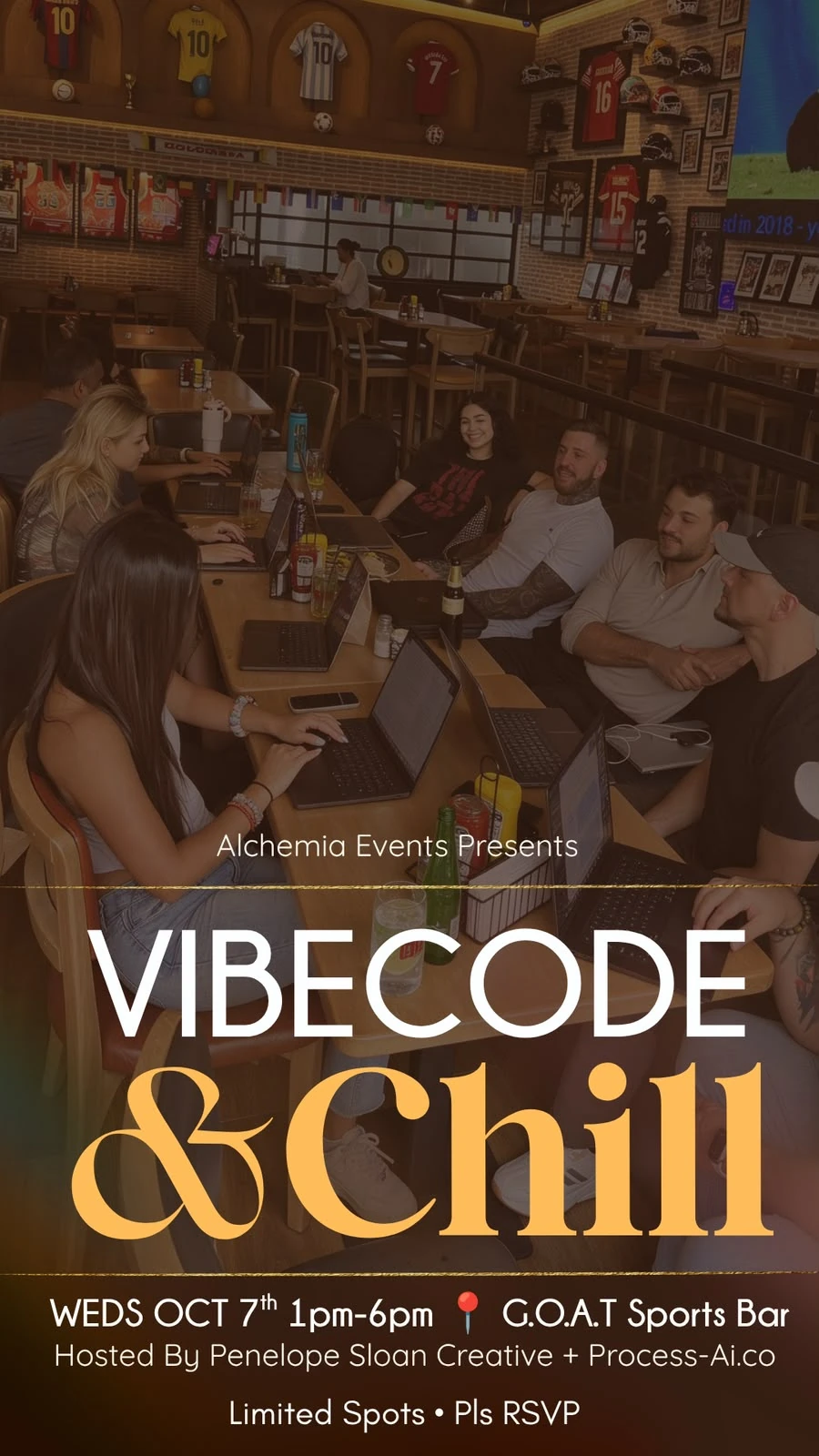 Official Vibecode & Chill flyer at GOAT Sports Bar
